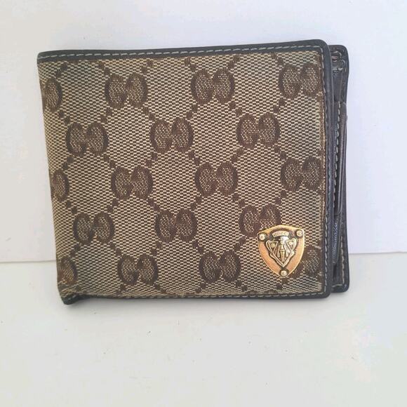 GUCCI Logo Men's Canvas Leather Card Bill Wallet Bifold Brown Designer Medium - Picture 1 of 12